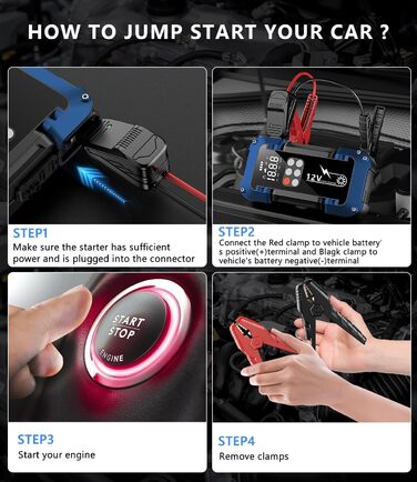 Портативний пусковий пристрій Starthilfe Powerbank з компресором 150PSI, 4000A, 12V для автомобілів та 8.0L дизель, 26800mAh, 4-в-1 з LED-ліхтариком та LCD дисплеєм