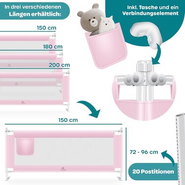 Захисний бортик для ліжка KESSER 150 см, сітчастий, складаний, регульований по висоті, рожевий - захист від випадання для дітей та немовлят