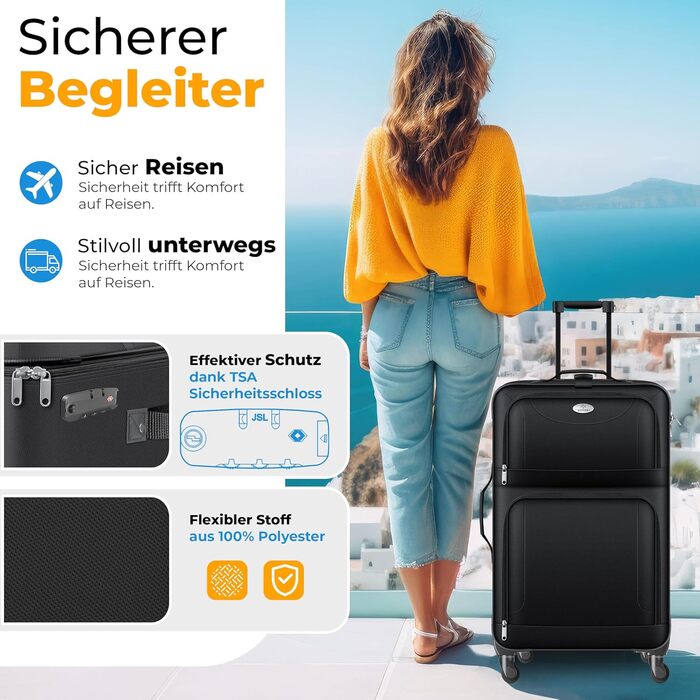 Набір валіз KESSER® 4-в-1: чорний дорожній набір з TSA-замком, 360° колесами та телескопічною ручкою | Чемодан, сумка для косметики, ручна поклажа, велика валіза для подорожей та бізнесу