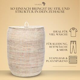 Кошик для білизни YAADU з кришкою - великий (XXL), африканський кошик для збору білизни, кошик для прання, білий/плоский