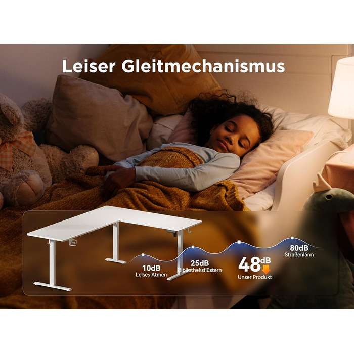 Електричний кутовий стіл L-подібної форми, 190 x 150 см. Регулювання висоти, стіл для офісу, ігровий стіл з керуванням кабелями, білий.