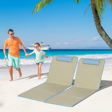 Outsunny Beach Mat, набір з 2 складних пляжних шезлонгів з подушкою, 5-ступінчастий пляжний матрац з регулюванням висоти з сумкою для перенесення, сталь, бежевий, 134 x 48 x 33-43 см
