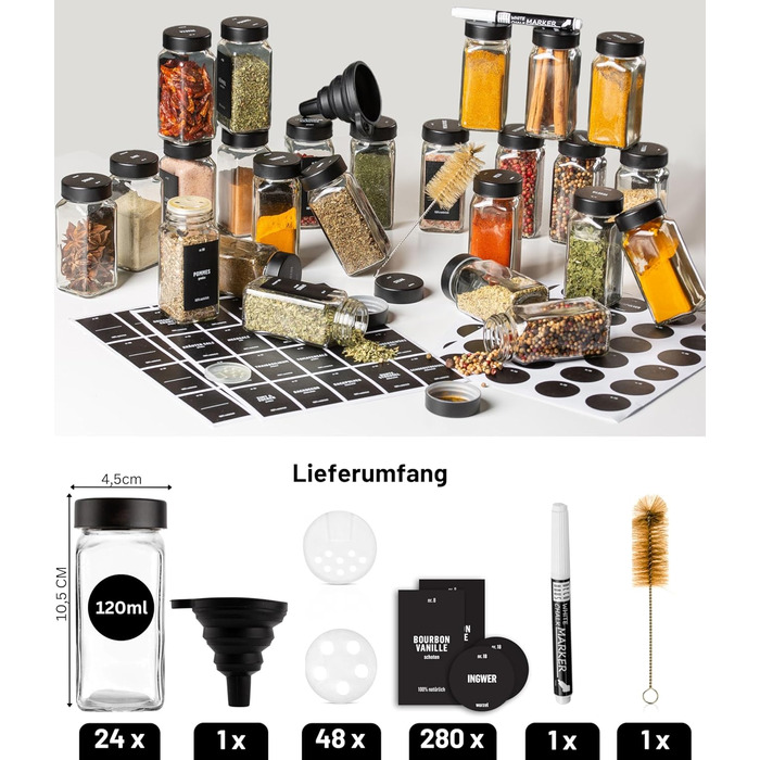 Набір скляних банок для спецій Deco haus® (24 шт.) з чорними кришками, з етикетками та ситечком. Організатор для спецій, герметичні контейнери для зберігання спецій.