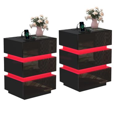 Нічний столик з розеткою та LED, нічний комод з функцією зарядки та USB, 2 шт. (45x35x46/62 см, чорний)