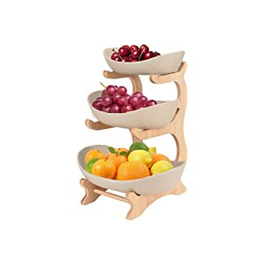 Фруктова двоярусна 3-поверхова керамічна кошик для фруктів, знімна з підставкою з натурального бамбука, 3-поверхова ваза для фруктів, кухонна корзина для зберігання, робоча