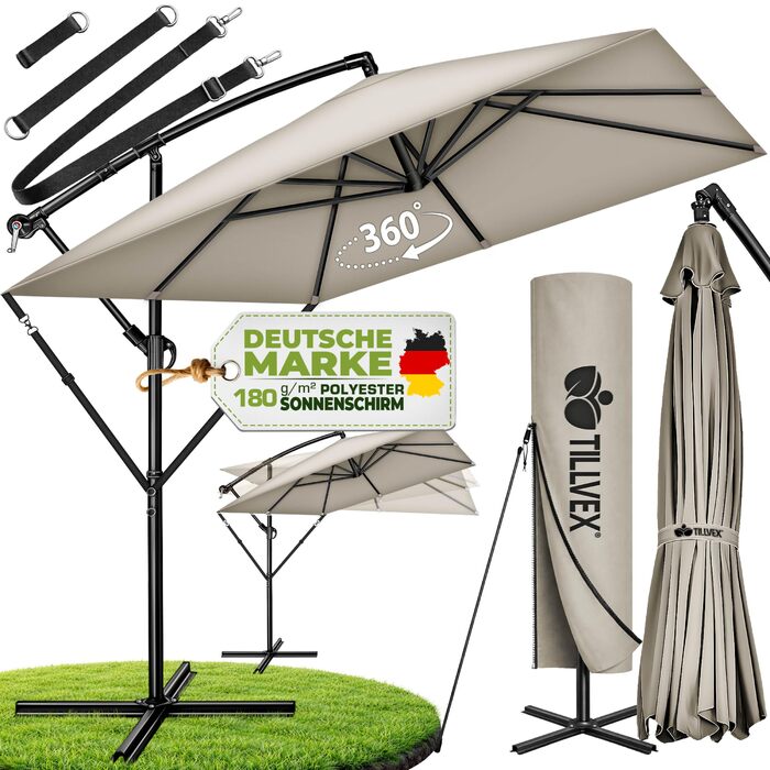 Прямокутна садова парасолька tillvex® з алюмінієвим стійкою 330 см, підвісна модель з рукояткою, захистом від UV та вітру, водонепроникна (Taupe, без LED)