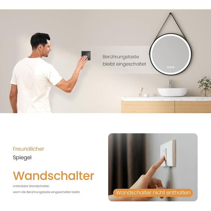 Круглий дзеркало для ванної кімнати EMKE з підсвічуванням 50 см, 3 кольори, регулювання яскравості, антизапар, пам'ять, сенсорне управління, таймер 3 години, енергозберігаючий