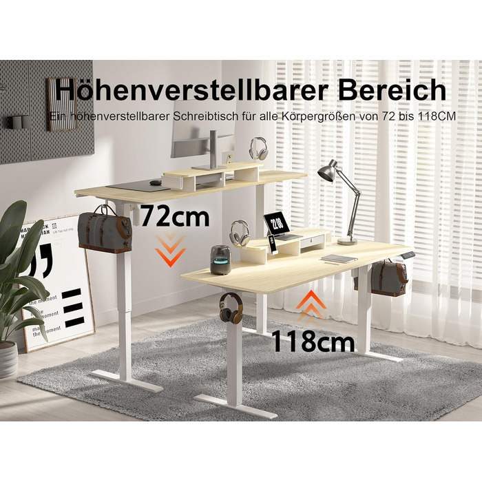 Регульований стіл WALKINGDESK для дому та офісу: електричний, з ящиками, полицями та гачками (140x60 см, дуб)