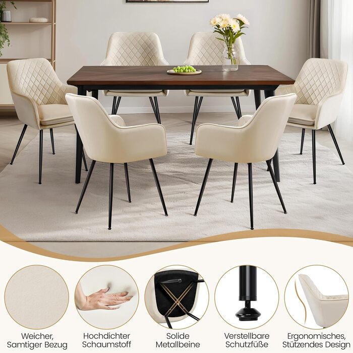 Стільці для обідньої зони Yaheetech, кухонні стільці з м'яким сидінням та підлокітниками, штучна шкіра, набір 4 шт., коричневий (бежева тканина)