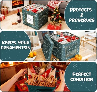 Коробка для зберігання новорічних прикрас, 166 відділень, з регульованими перегородками, кришкою та ручками, 31x31x30 см, червона, принт сніжинки, білий фон