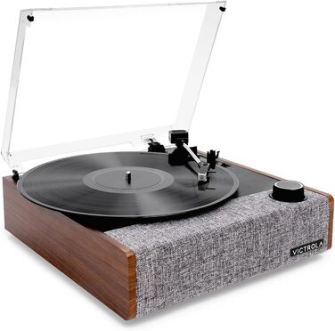 Програвач вінілових платівок Victrola з Bluetooth 5.1, динаміками, технологією Vinyl-Stream, ретро-дизайном, трьома швидкостями та головкою Audio Technica AT-3600LA, горіховий колір