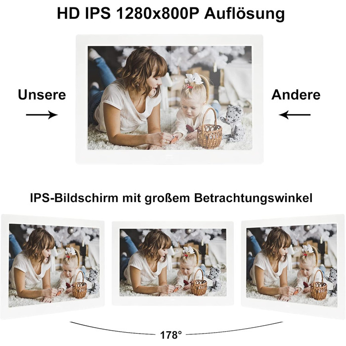 Цифровий фотомонтаж 10.1 дюйма, IPS, 1280x800, USB/SD, фото/музика/відео, календар, будильник, настінний монтаж, білий