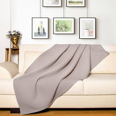 Плед LAYNENBURG Premium 180x220 см, вафельна тканина, 100% бавовна, бежевий колір. Плед для ліжка, дивана, софи.