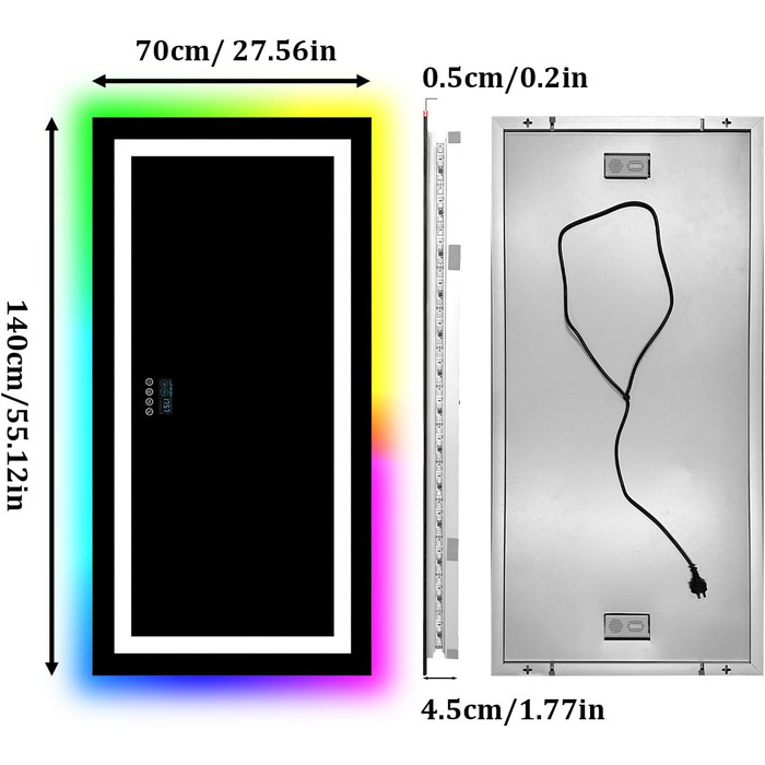 Дзеркало для ванної кімнати LUVODI LED 40x50 см з підсвічуванням, сенсорним вимикачем, 3 режими кольору, захист від запотівання, RGB, Bluetooth, 140x70 см