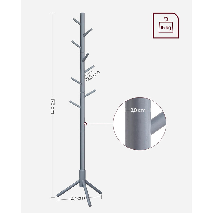 Дзеркало-вішалка для одягу VASAGLE з масиву дерева, сірого кольору, 8 гачків, 3 регульовані висоти, для вітальні, спальні, офісу