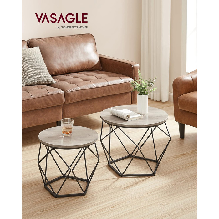 Журнальний столик VASAGLE круглий, комплект з 2 шт. , стіл для вітальні, журнальний столик, вінтажний стиль, знімна стільниця, для вітальні, сіро-чорний LET040B02