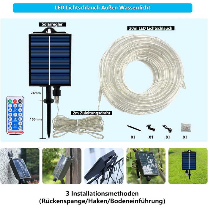 Світлодіодний струнний світильник зовнішній/внутрішній, водонепроникний, USB та сонячний, пульт дистанційного керування, теплий білий, 20M