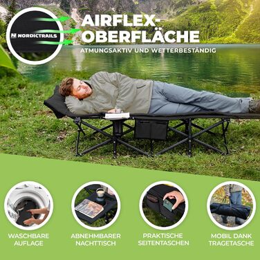 Розкладне ліжко для кемпінгу NORDICTRAILS XXL з м'яким матрацом, чорне (190 x 70 см) — зручне похідне ліжко для відпочинку та риболовлі
