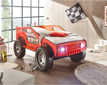 Автомобільне ліжко JEEP зі світлодіодним освітленням 90 x 200 см - Захоплююче та високе автомобільне ліжечко для позашляховика для маленьких гонщиків у - 127 x 96 x 219 см (W/H/D) (червоний)