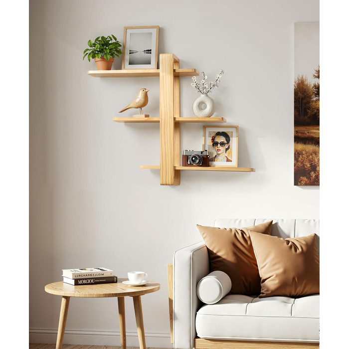 Полиця настінна SUMGAR з дерева, плаваюча, три яруси, 50x58 см (біла/дерево) для вітальні, спальні