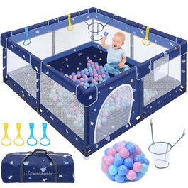 Дитячий манеж Kidsbuddy 130x130 см Нековзний дизайнерський бар'єр з дихаючою сіткою Захисні ворота Дитячий набір із 30 м'ячами Безпечний ігровий майданчик для дітей темно-синій