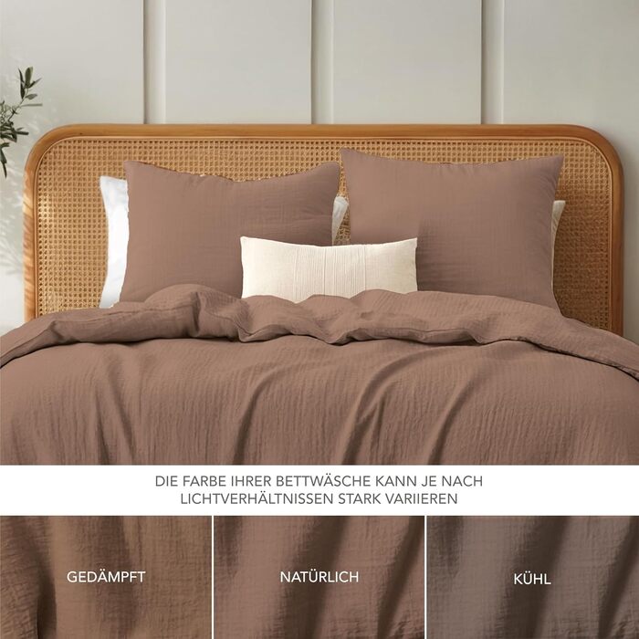 Комплект постільної білизни Dreamzie з мусліну, 135x200 см, 100% бавовна (муслін) – 2 наволочки 80x80 см, 2 наволочки 80x80 см, з блискавкою, сертифікат Oeko-Tex (Мокко, 200x200 см + 2 x 80x80 см)