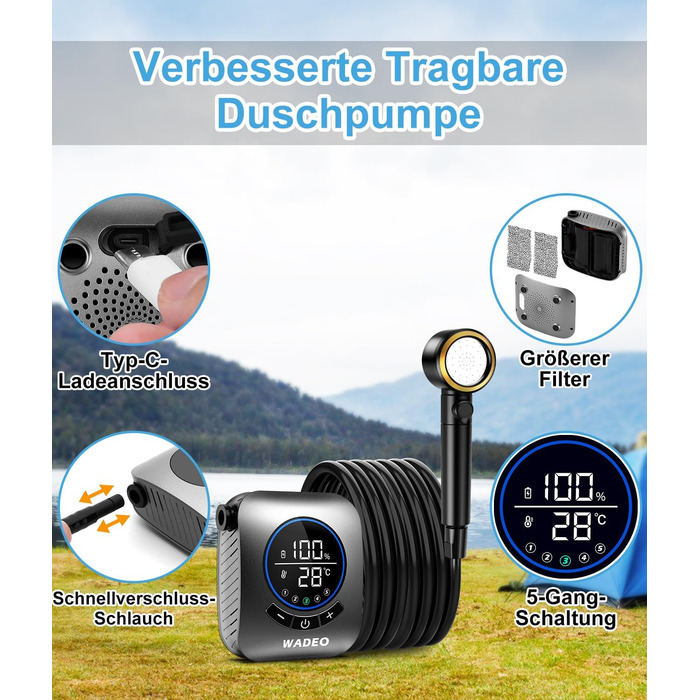 Портативна душова кабіна WADEO з насосом, 8000mAh, LED-дисплей, для кемпінгу та подорожей