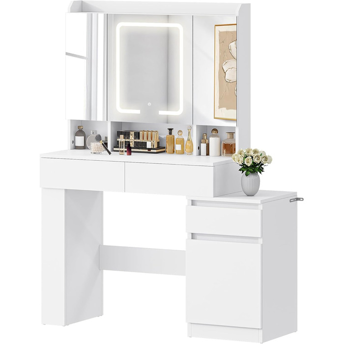 Туалетний столик YITAHOME з підсвіткою та дзеркалом, 4 шухляди, відкриті полиці, чорний (білий)