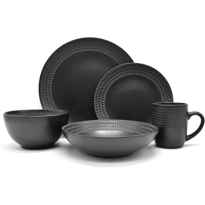 Вінтажний комбінований сервіз із 20 предметів BlackStyle сучасний дизайн, для 4 осіб, набір посуду з керамограніту з 4 обідніми тарілками, 4 бічними тарілками, 4 чашками, 4 чашками для чаю, 4 тарілками для супу