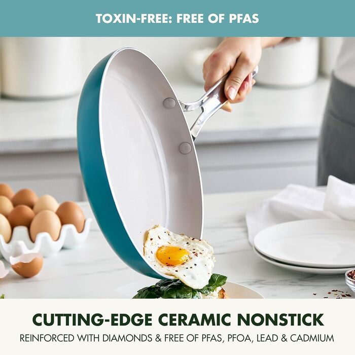 Набір кухонного посуду GreenPan Nova 10 предметів: каструлі та сковорідки, антипригарне покриття без PFAS, для смаження, тушкування, супів, з кришками та інструментами, блакитний (3-Piece Cookware Set)