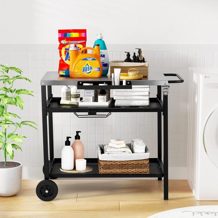 Гриль-візок LEADZM: гриль-стіл для вулиці, 95 x 45 x 83 см, стіл з нержавіючої сталі срібного кольору, на колесах, мобільний, сервісний візок для садів, чорний (97x51x83 см)