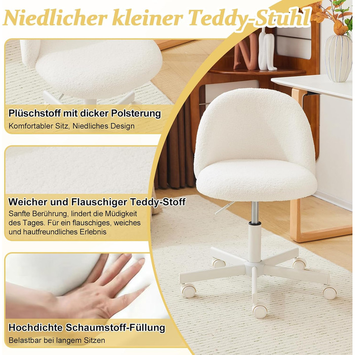 Офісне крісло Bonnlo з роликами, стілець для туалетного столика, регульований по висоті, для робочого кабінету, спальні, home office, з м'якої тканини Тедді, білий