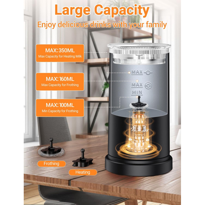 Електричний спінювач молока 5-в-1 600W з антипригарним покриттям. Підходить для приготування гарячого та холодного молочного пін, какао, лате, капучино. Чорний.