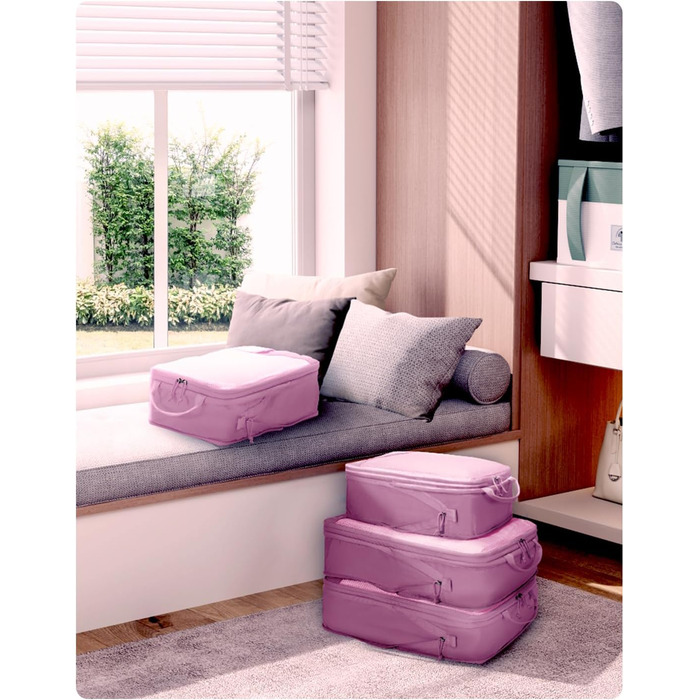 Набір органайзерів для валізи та рюкзака ECOHUB, 4 компресійні пакувальні куби з міцною сіткою та бирками, екологічні дорожні сумки для одягу (Рожевий)