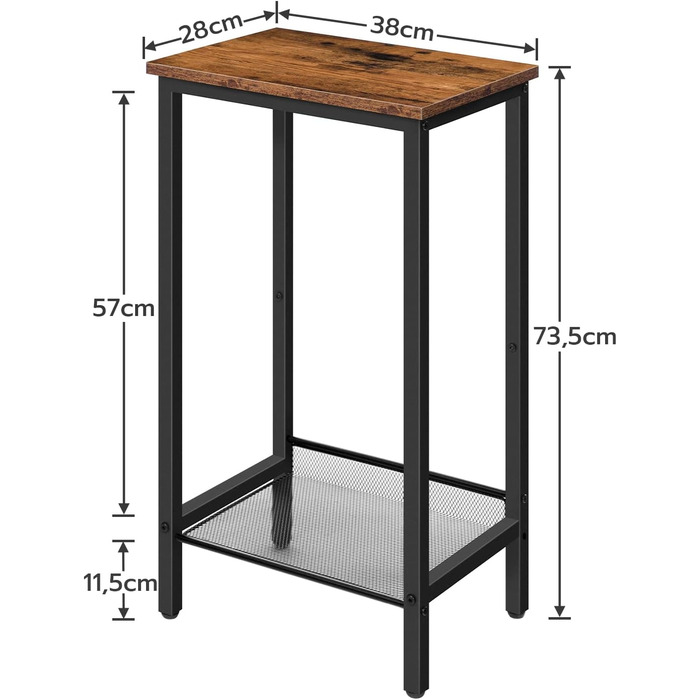 Журнальний столик, регульована сітчаста полиця, вузька, 38x28x73.5 см, промисловий дизайн, темний коричневий-чорний