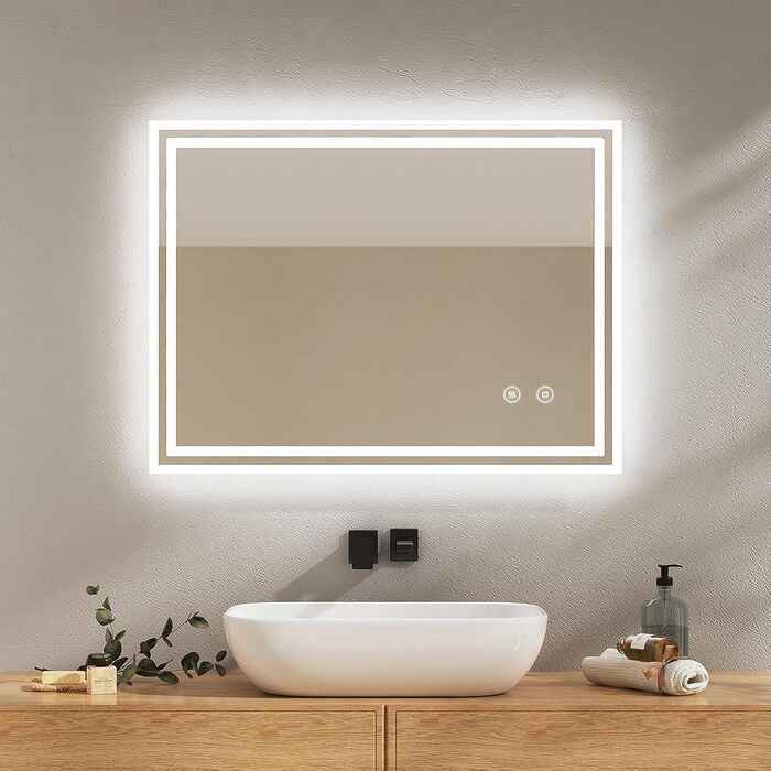 Дзеркало для ванної кімнати EMKE з підсвіткою 50x60 см, антизапарник, холодний білий, диммування, сенсорне управління, функція пам'яті, автоматичне вимкнення через 3 години, IP44, енергозберігаюче (90x70 см)