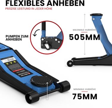Гідравлічний домкрат 3T низькопрофільний 75-505мм з гумовими накладками для легкових авто та SUV – професійний, на колесах 360° (блакитний)