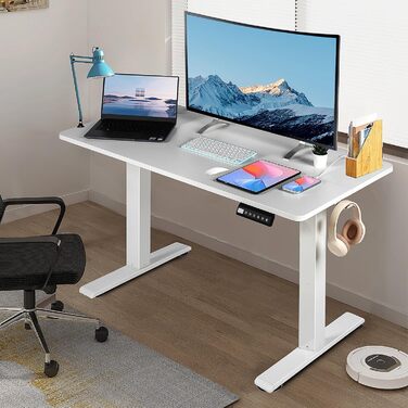 Електричний регульований стіл Pachira 120x60 см з пам'яттю та LED-дисплеєм, з гачками та кабелеуправлінням, ергономічний для дому/офісу, білий