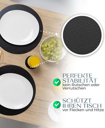 Набори серветок Garnier® з еко-шкіри, 4 шт. – миючі, стійкі, з антиковзаючою поверхнею – з екологічної переробленої шкіри, Made in Germany (круглі, чорні)