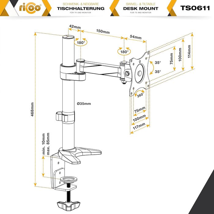 Підставка для монітора RICOO TS0611 - регульована, для 13-32 дюймів, VESA 75x75/100x100