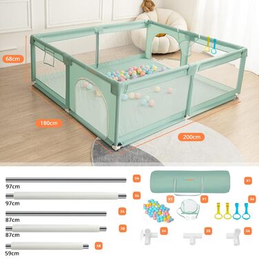 Манеж для дітей COMOMY 180x200x66 см, великий ігровий простір XXL, захисна огорожа з м'якою сіткою, нековзке дно з оксфорду, м'ячі, міні-кошик і 4 кільця, зелений