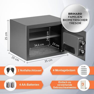 Біометричний сейф Brihard цифрова клавіатура та відбиток пальця, 25x35x25 см, блокування проти удару, LED