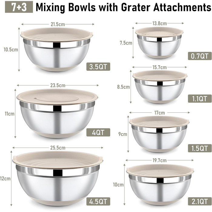 Набір місок для перемішування BEWOS 7 шт. з кришкою, нержавіюча сталь, з терткою, вкладна конструкція, розміри 0.5, 1, 1.4, 1.85, 2.35, 3.2, 4 л для змішування та подачі