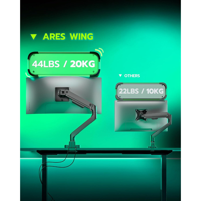 Кріплення для монітора ARES WING з USB A/C, кріплення для монітора, 17-49 дюймів, вантажопідйомність 20 кг, газ-амортизатор, VESA 75/100 мм, чорний