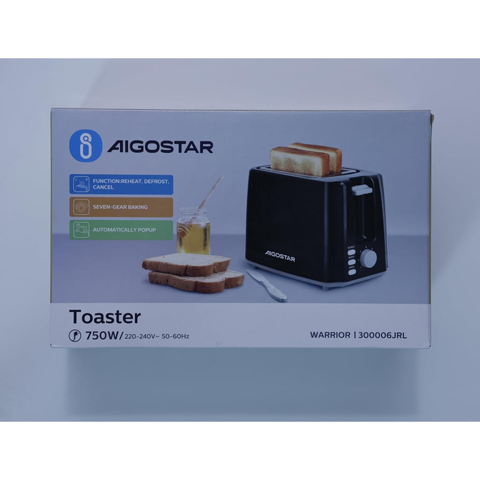 Тостер Aigostar, 7 регульованих рівнів підсмажування функція розморожування та розігріву, 2 широкі отвори для тостів, 750 Вт, чорний тостер для сендвічів