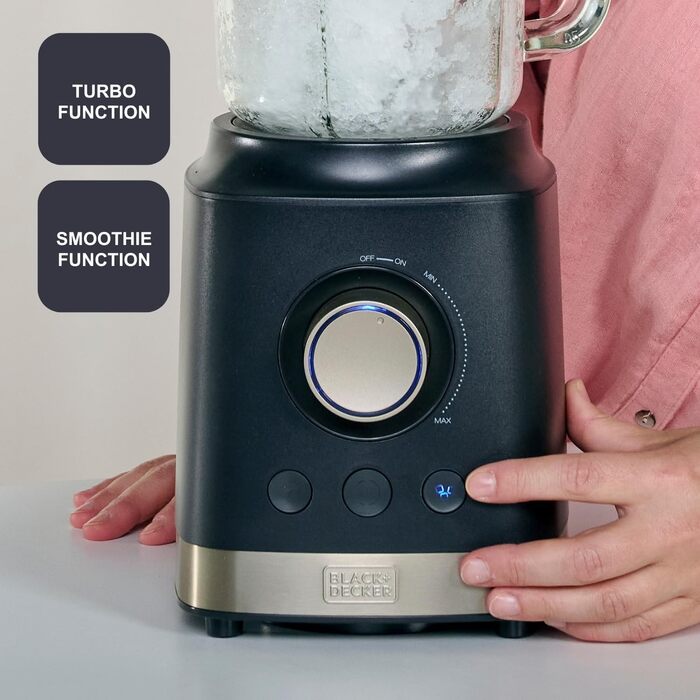 Блендер Black+Decker BXJB1201E 2200W з 2.2L скляною ємністю, 8 швидкостей, 6 нержавіюючих лез, функцією імпульсу, для приготування смузі та подрібнення льоду, LED-дисплей, система безпеки