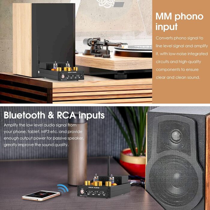 Ламповий підсилювач Douk Audio X1, HiFi Bluetooth 5.0, GE5654, MM Phono, 160 Втx2, регулювання високих і низьких частот