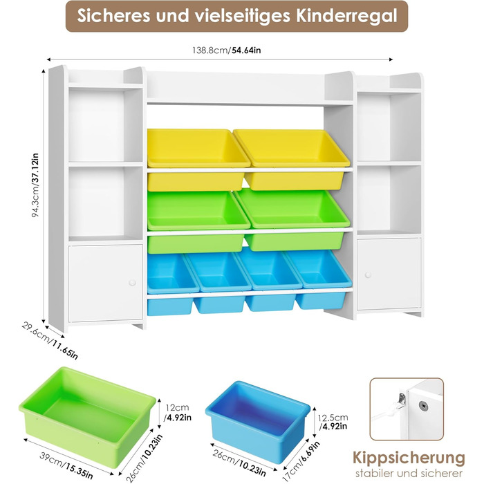 FOREHILL Дитяча полиця з 8 ящиками, дитячий шафа, книжкова полиця для дітей, органайзер для іграшок, меблі для дитячої кімнати, 138,8 x 94,3 x 29,6 см, білий (білий з зеленим)