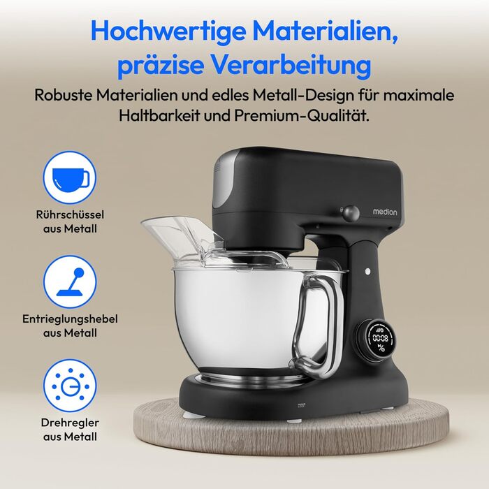 Кухонна машина MEDION MD12600: м'ясоподрібнювач, 4.6л чаша з нержавіючої сталі, тихий DC-двигун, 800 Вт, набір дисків для тертя, шинкування та нарізання, сенсорний дисплей, міксер, тістоміс