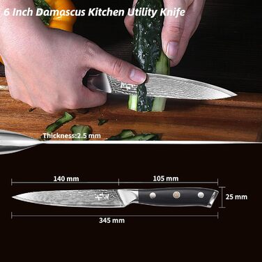 Саторі Дамаска 18 см - професійний кухонний ніж з дерев'яною ручкою, з високим вмістом вуглецю, VG10 сталь, преміум якість